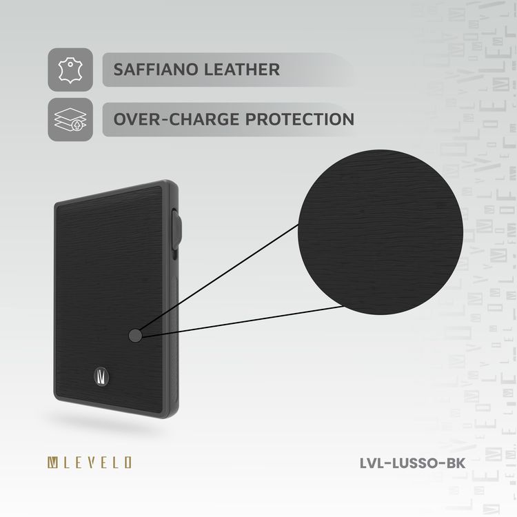 Levelo Lusso MagSafe Card Holder with Strong MagSafe Magnet, Saffiano PU Leather, 3 Card Slots, Card Pop-up Button - Black