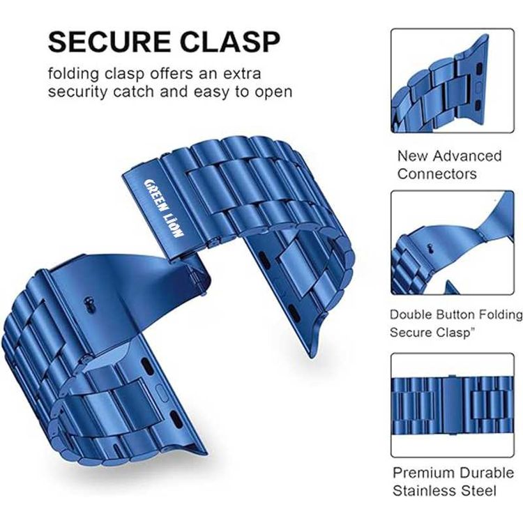 Green Lion Link Stainless Steel Strap for Apple Watch 42/44/45/49mm, Double Button Folding Clasp, Lightweight & Easy to Install, Comfortable to Wear, Waterproof - Blue