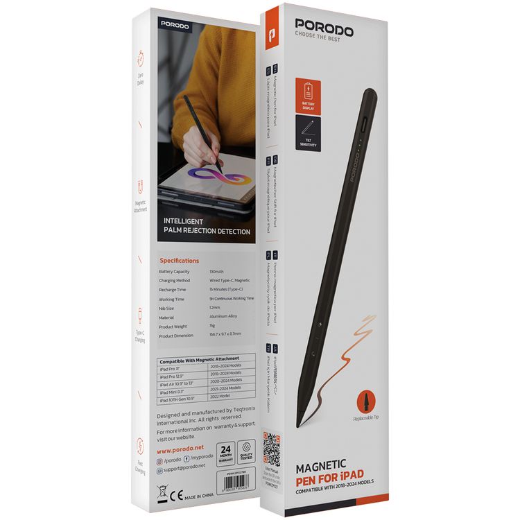 قلم بورودو المغناطيسي لجهاز آيباد، حجم سن 1.2 مم، يعمل بشكل مستمر لمدة 9 ساعات، مصنوع من سبيكة الألمنيوم، منفذ شحن USB-C، بطارية 130mAh، متوافق مع موديلات الآيباد من 2018 إلى 2024، بدون تأخير، شحن سريع - أسود