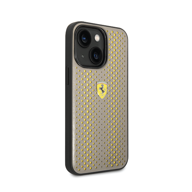 Ferrari PU Leather Perforated Case with Nylon Base & Yellow Shield Logo iPhone 14 Plus Compatibility - Yellow