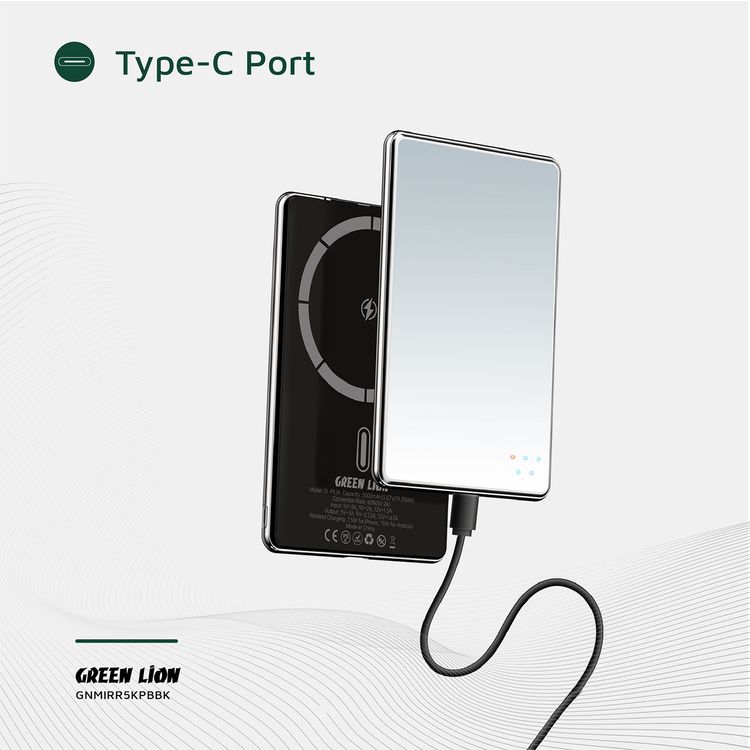 Green Lion Mirror Design 5000mAh Power Bank with LED Indicator, Type-C Port, 20W Power Delivery, 15W Wireless Output, Aluminum & Glass Material, Ultra-Thin & Ultra-Light Design, Fast Charge - Black