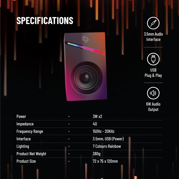  Porodo Gaming Stereo Speakers with Volume Knob Control, Broad Compatibility, Plug & Play, 6W Audio Output, 3.5mm  Audio Interface, 7 Colors Rainbow Lighting - Black