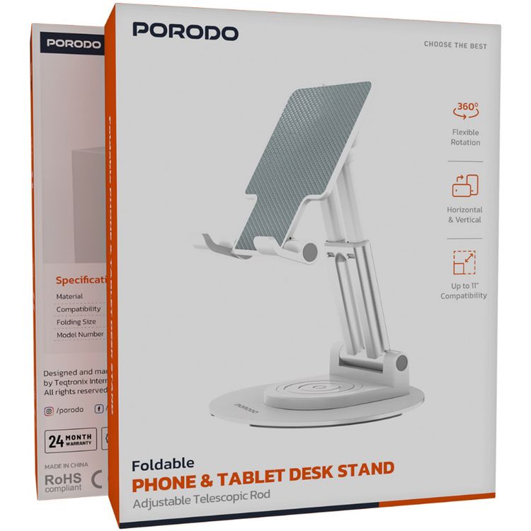 Porodo Foldable Phone & Tablet Desk Stand with Adjustable Telescopic Rod, Compatible with 4-11"Devices, Dual-Axis Stability, ABS & Silicone Material, 360° Flexible Rotation, Horizontal & Vertical Viewing - White