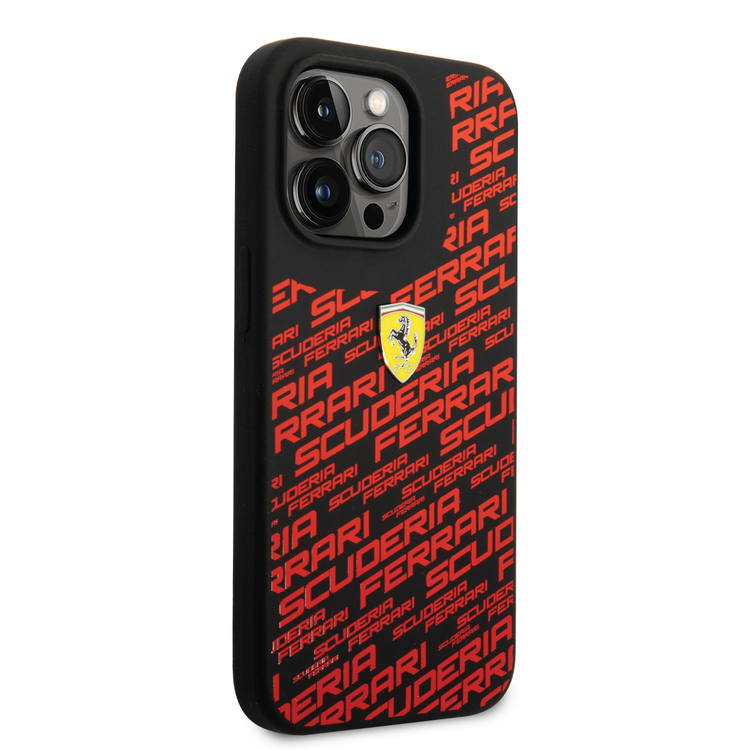 Ferrari Liquid Silicone Case All Over Printed Scuderia iPhone 14 Pro Max Compatibility - Black