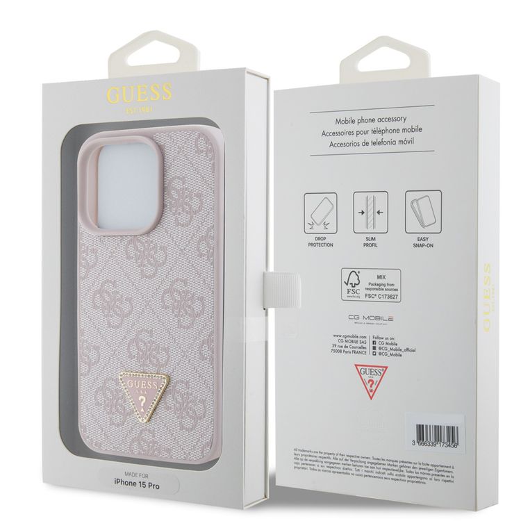 Guess PU Leather Case with 4G Triangle Strass & Triangle Logo - Pink - iPhone 15 Pro