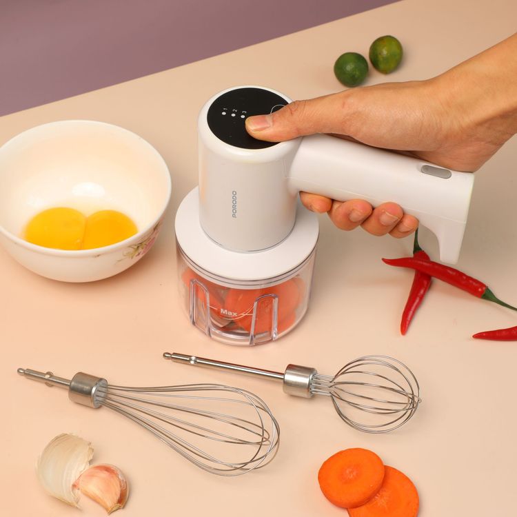 porodo لايف ستايل خلاط يدوي متعدد الوظائف قابل لإعادة الشحن 2 في 1 مع مفرمة وخافق، حماية من التيار الزائد، وظيفية لاسلكية، حماية من التفريغ الزائد، 3 أوضاع خفق، 3 أوضاع فرم، تصميم مريح، 3 مستويات سرعة، لوحة لمس LED، سعة 300 مل، تحكم باللمس - بيج