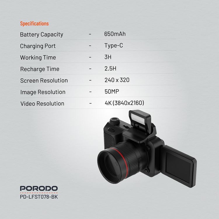 Porodo Lifestyle Mini Digital Camera with 64GB Memory Card, 650mAh Battery Capacity, 180° Flip Screen, 3 Hours Working Time, 2.2" Screen, 16× Zoom, 4K Video, 2.5 Hours Charging Time - Balck 