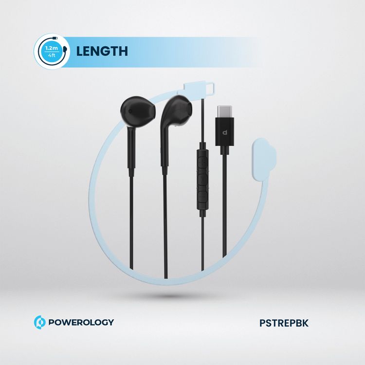 سماعات Powerology ستيريو مع موصل USB-C، طول الكابل 1.2م، قدرة إخراج 3 ميلي واط، جودة صوت عالية الدقة، مقاومة 32Ω - لون أسود