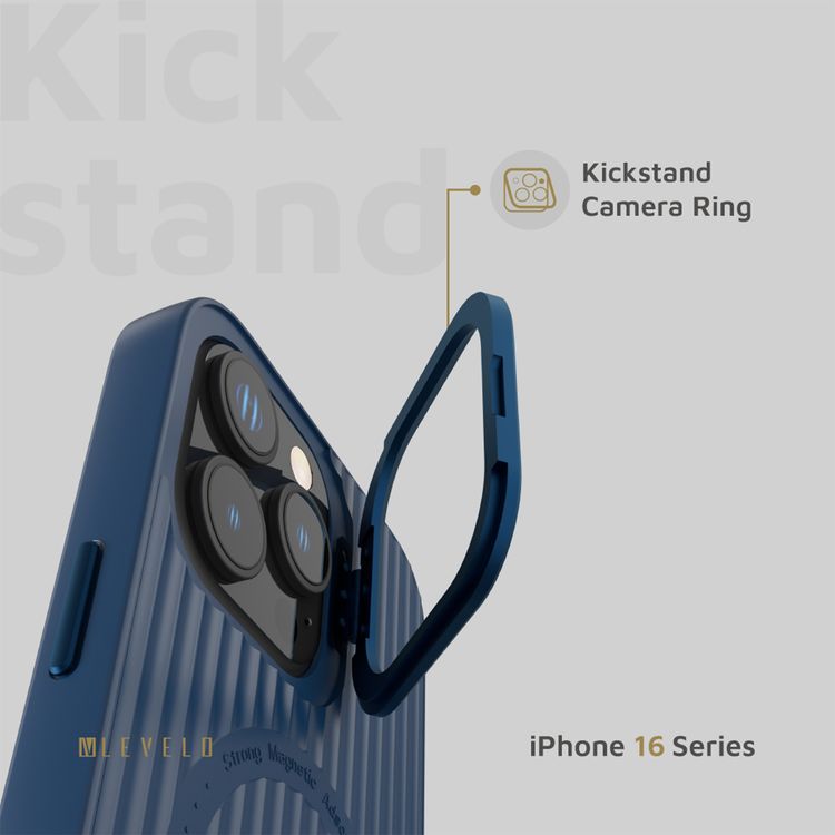 Levelo Livia Case for iPhone 16 Pro with MagSafe Compatibility, Impact-Resistant Corners, Built-in Kickstand, TPU with Silicone Surface, Metal Camera Ring - Blue
