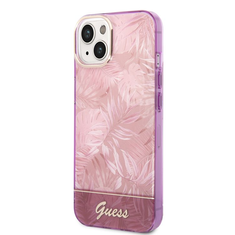 Guess PC/TPU IML Case with Double Layer Electroplated Camera Outline & Jungle Design iPhone 14 Compatibility - Pink