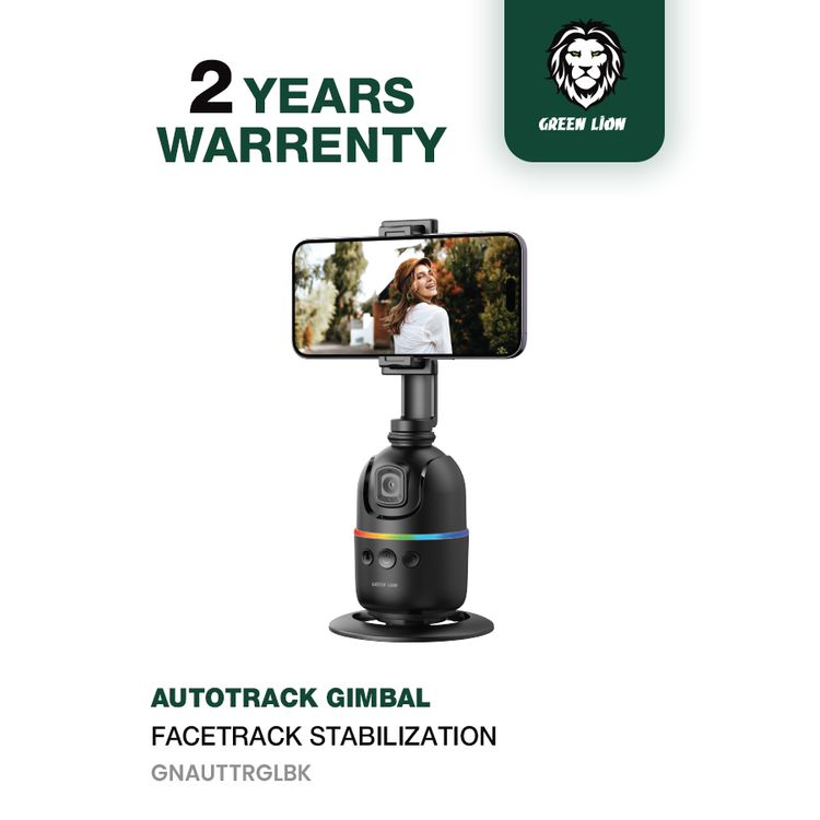 Green Lion Auto Track Gimbal, Multi-Device Support, Face Tracking, Gesture Detection, 3W Power, 1200mAh Battery, 1-4m Range,  6.5-9.5cm Phone Holder, Type-C Charging Port - Black