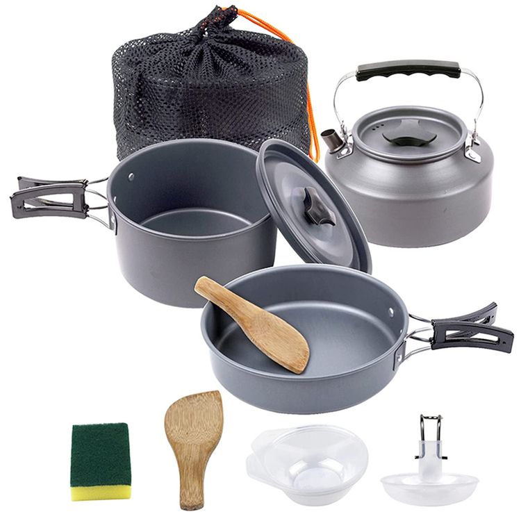 Green Lion 7-in-1 Camping Cookware with Heat-Resistant Handles, Wooden Shovel & Sponge, Foldable Soup Spoon, Food-Grade Material, Easy to Store & Carry, Foldable & Lightweight - Black