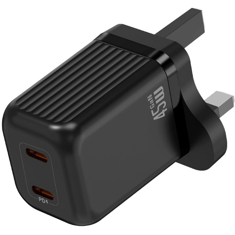 Green Lion Ultra Compact GaN Wall Charger with Type-C to Type-C Cable, PD 45W, Dual USB-C Ports, PC Flame Retardant Material, 3-Pin UK Power Plug, Charging Protection, GaNStorm Technology - Black