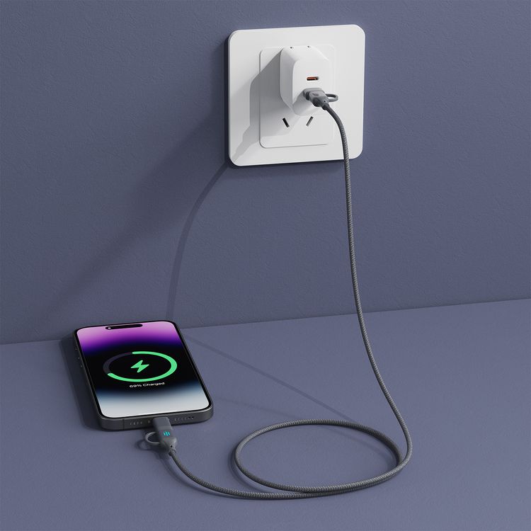 Porodo 4-in-1 High-Speed Charging Cable with Braided Material, 1m Cable Length, 240W Power Delivery, Aluminum Alloy Material, Tangle-Free Design, 480Mbps Data Transfer Speed - Gray