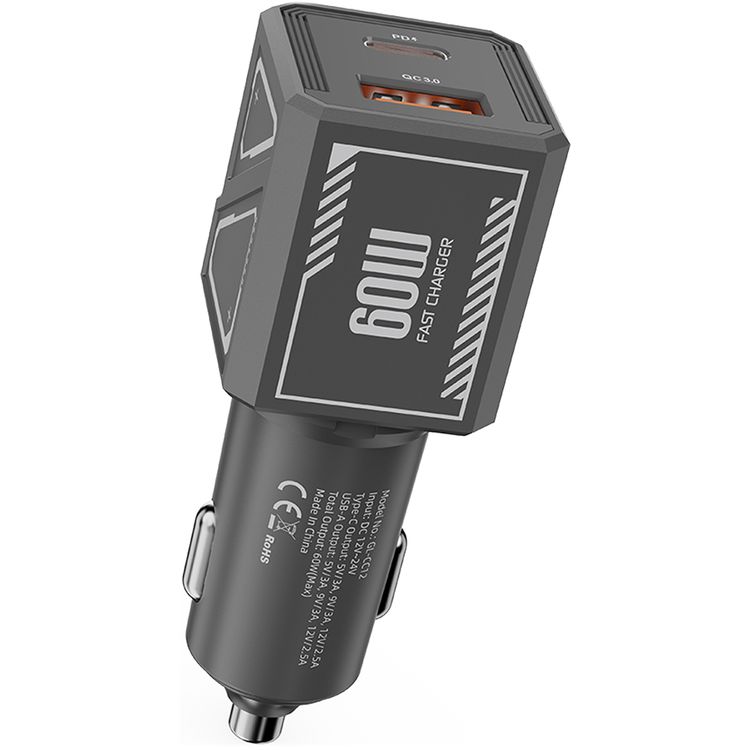 Green Lion Dual Volt Car Charger with Type-C to Type-C Cable, PD 30W, QC 30W, USB-A & USB-C Ports, 60W Total Output, Heat Dissipation, Charging Protection - Gray