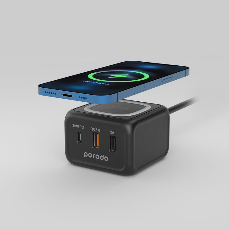 Porodo Triple Ports Fast Wireless Charger with 30W Power Delivery, Desktop Charging Compatibility, 15W Wireless Charging, Overcurrent Protection, Fire Retardant Materials - Black