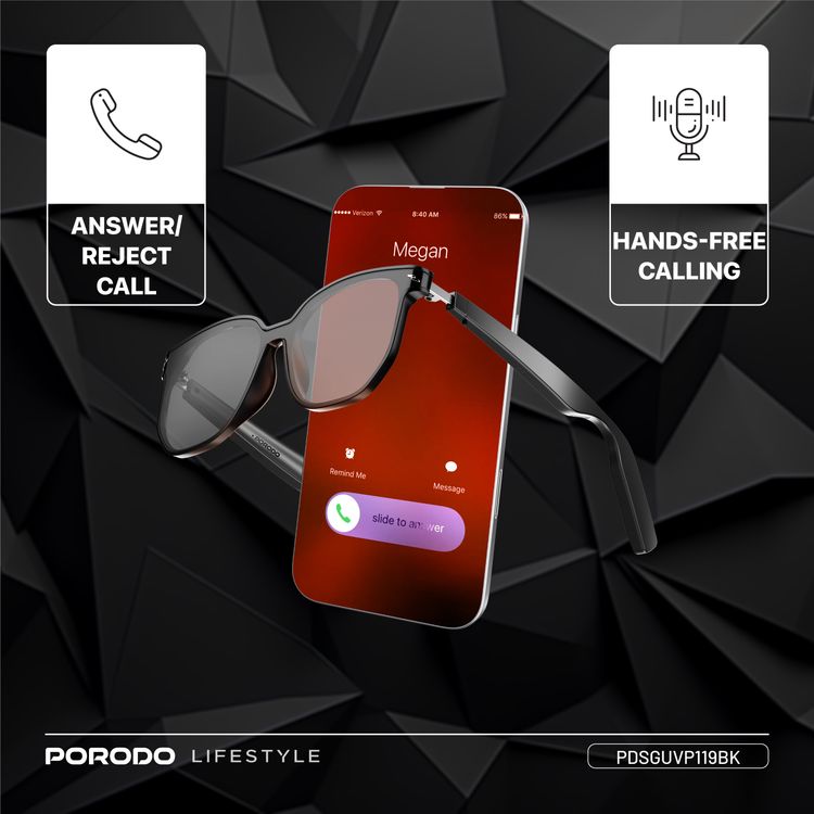 Porodo Lifestyle Optix Smart Glasses with Audio, Built-in Microphone, 6 Hours Playtime, Type-C Charging Interface, UV400 Protection, Bluetooth Version 5.3, 10m Transmission Range, 2x 110mAh Battery Capacity, Touch Control, Dual Stereo Speakers, Hi-Fi Sound Quality - Black