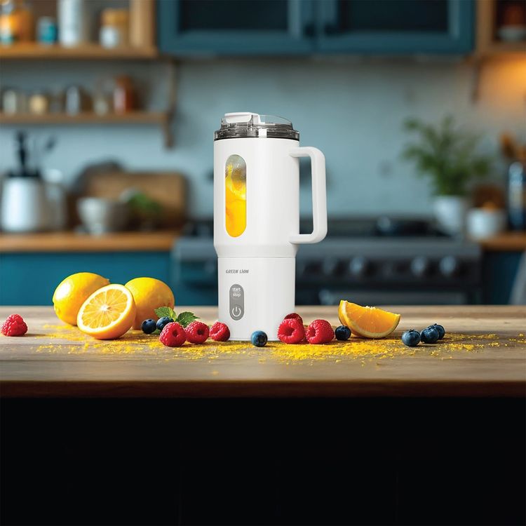 Green Lion Mug Blend Portable Juicer with LED Indicator, IPX6 Water Resistance Level, 40 Seconds Quick Blend, Up to 15 Blend Cycle, Type-C Charging Port, Drip-Free Spout - White