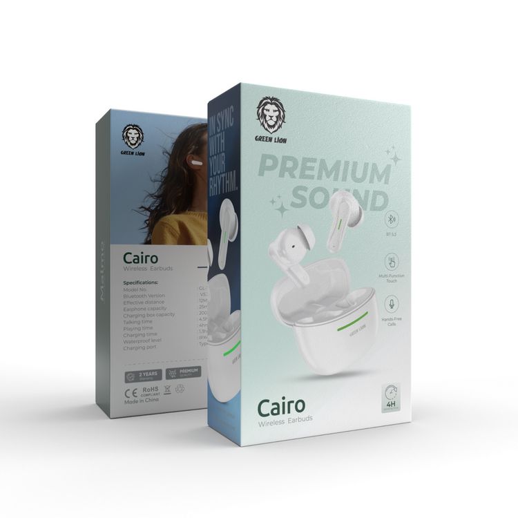 سماعات أذن لاسلكية من Green Lion Cairo بتقنية ENC وTWS، مكالمات بدون استخدام اليدين، شاشة لمس متعددة الوظائف، وقت تشغيل يصل إلى 4 ساعات، منفذ شحن من النوع C - أبيض