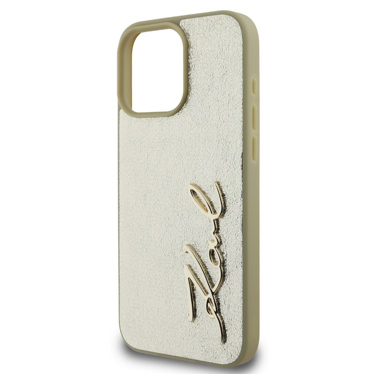 Karl Lagerfeld Wrinkled Design PU Hard Case with Metal Signature Logo for iPhone 16 Pro Max, Slim Profile, Comfortable Grip, Drop Protection, Lightweight, Sustainable Packing - Gold 