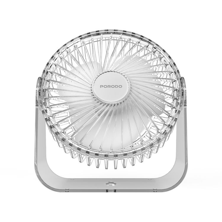 Porodo Portable Transparent Cooling Fan with Nightlight, 120° Oscillation, 3 Speed Levels, 3000mAh Battery Capacity, 3-9.5 Hours Working Time, 2.5 Hours Charging Time, ABS Material, Type-C Charging Interface, Whisper-Quiet Operation - Clear