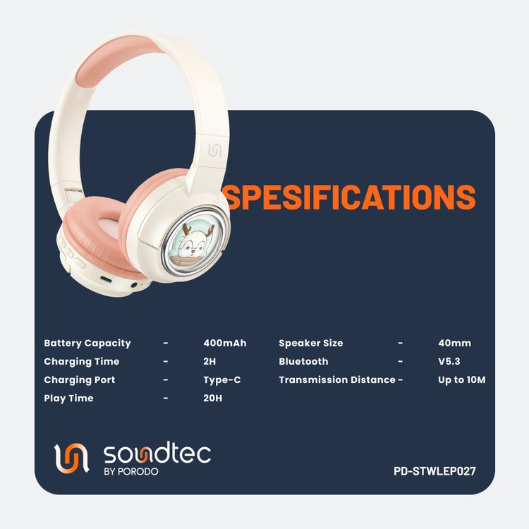 Porodo Soundtec Moose Wireless Kids Headphone, V5.3 Bluetooth, 2H Charging Time, 40mm Speaker Size, 20H Play Time, LED Lights, 400mAh - Pink 