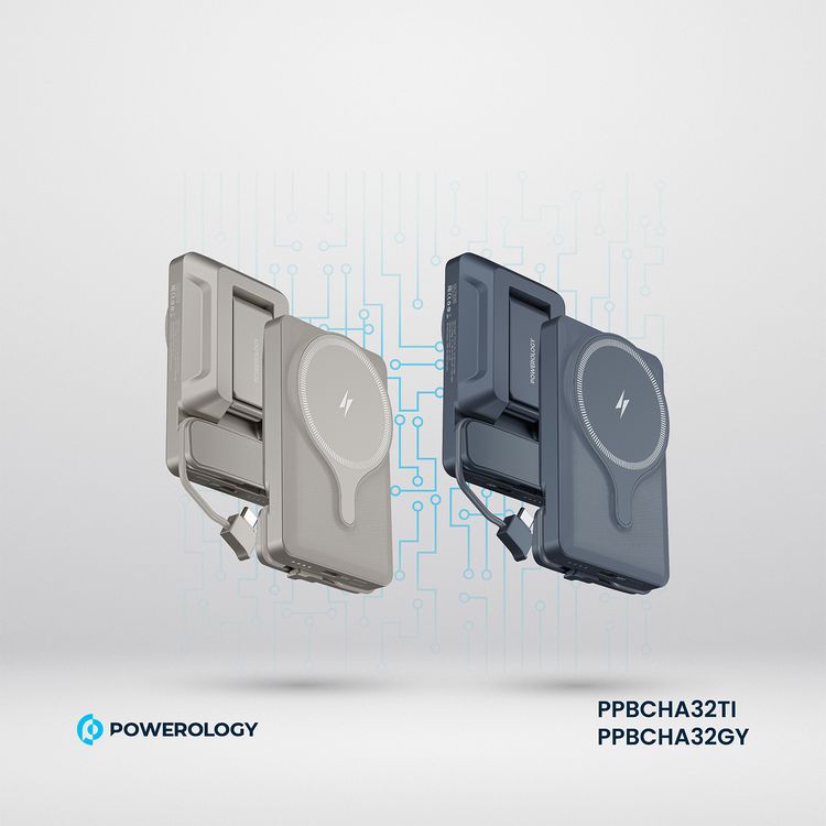 Powerology Car Mount 5000mAh Power Bank with Magnetic Wireless Charger, MagSafe Charging, PD 20W Fast Charge, Folding Air-Vent Clip, LED Indicator, Built-In Type-C Cable, Lightweight & Portable - Titanium