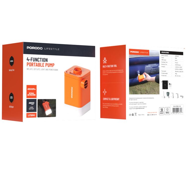 Porodo Lifestyle Camping Inflate and Deflate Air Pumb with LED, 4500Pa Air Pressure, 4800mAh Large Battery, 6 Hours Recharge Time, 30W Power, 45-90 Minutes Working Time