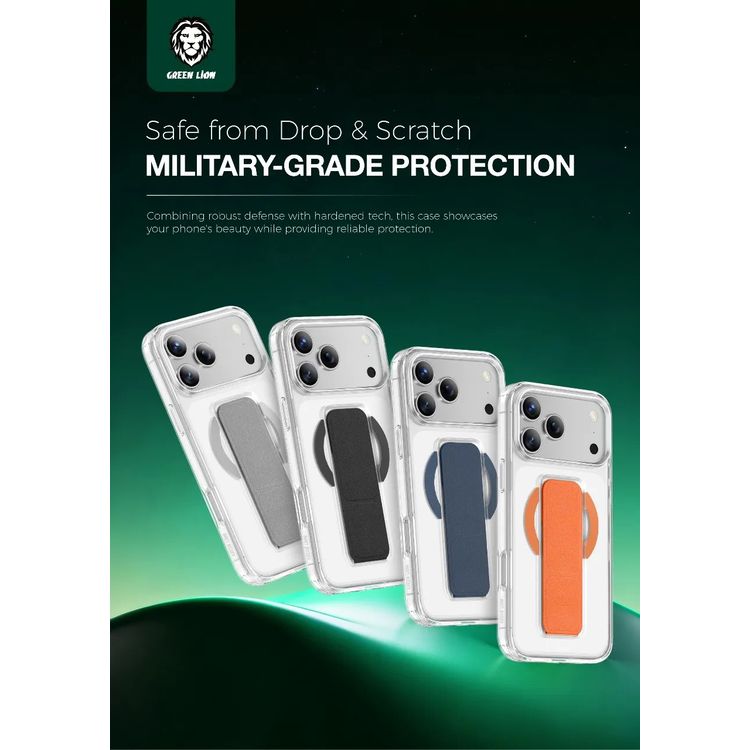 Green Lion MagSafe Leather Grip Case for iPhone 17 Pro, Crystal Clear, Scratch Resistance, Leather Grip Strap, Strong Magnets, Military Grade Protection - Silver