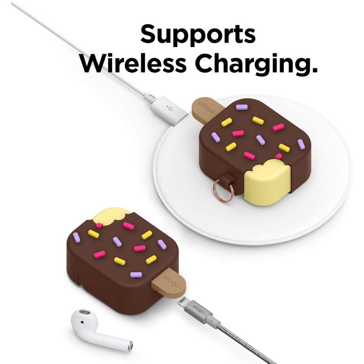 Elago  Ice Cream Case with Anti-Lost Ring for Apple AirPods 1 & 2 Generation, Drop Resistant, Dustproof and Absorbing Protective Cover with Hang Case Dark Brown