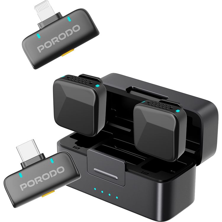 Porodo Orion Lavalier Dual Microphones with Type-C & Lightning Connector, Precise Reverb, 1 Hour Charging Time, 5 Hours Working Time, 650mAh Case Battery Capacity, 55mAh Microphone Battery Capacity, 15-20m Transmission Distance, Auto Pairing Technology, Instant Wireless Setup - Black