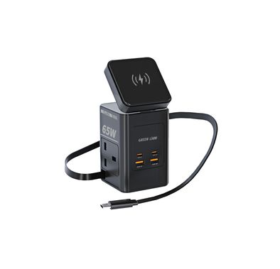 محول السفر متعدد المنافذ 65W GaN من Green Lion مع محطة 8 في 1، مصنوع من مواد ABS و PC، يحتوي على 2× مخرج AC، و 2× منافذ USB-C و 2× منافذ USB-A، كابل قابل للسحب بطول 80 سم، قدرة قصوى 2500W، متوافق مع MagSafe، بتقنية GaN، توافق واسع، مع مصاريع أمان - أسود
