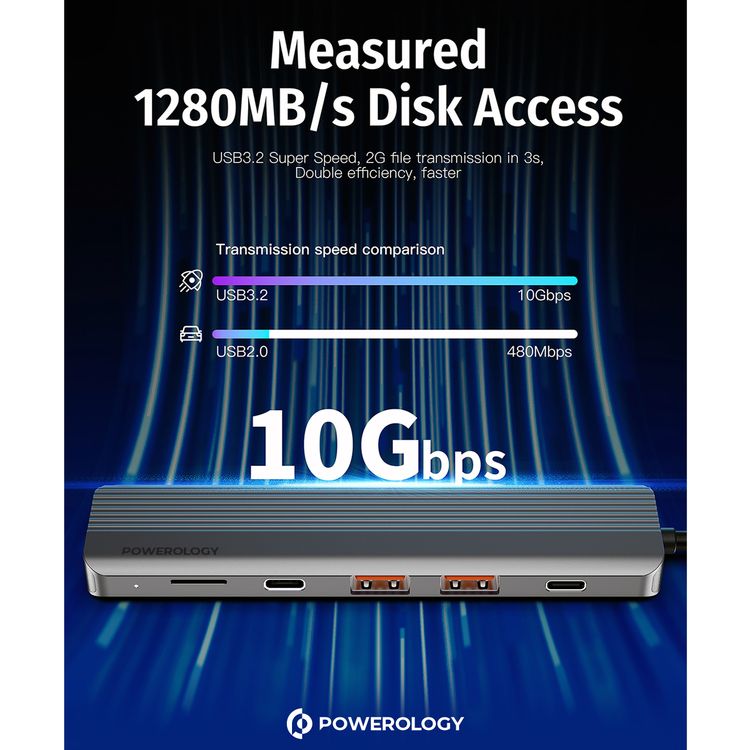 Powerology 6-in-1 Slim USB-C Hub with 4K Ultra HD HDMI, 100W PD, v3.2 10Gbps Super Speed USB-C Data, 2 x v3.2 10Gbps Super Speed USB-C Data, 4K UHD @ 60Hz HDMI, Supports v3.0 MicroSD, Fast Data & Charge - Gray