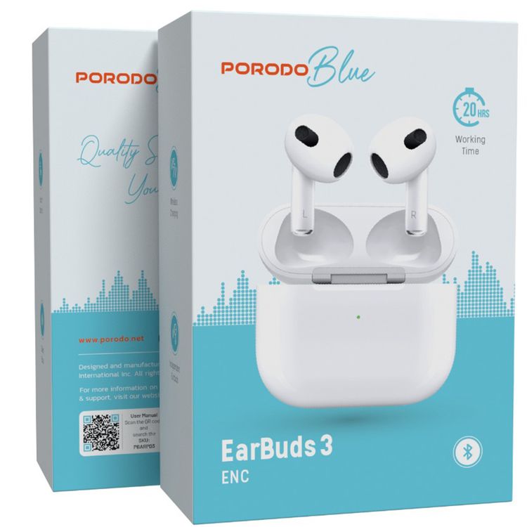 Porodo Blue Deep Bass Wireless Earbuds 3, 20 Hours Working Time, Type-C Charging Port, Environmental Noise Cancellation, Independent Earbuds, Touch Control - White