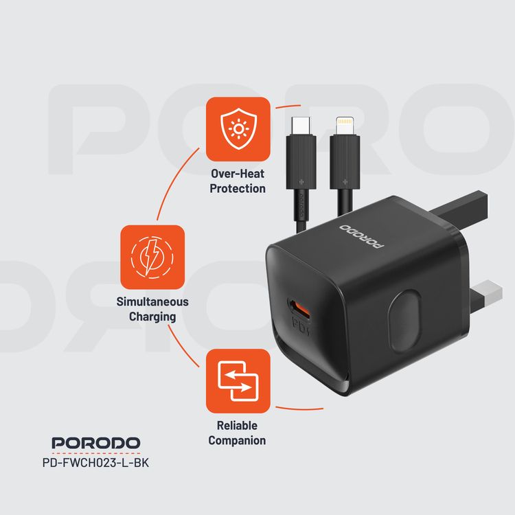 Porodo شاحن حائط بقوة 20 واط (UK) مع كابل Type-C إلى Lightning، حماية من الحرارة الزائدة، محمول - أسود