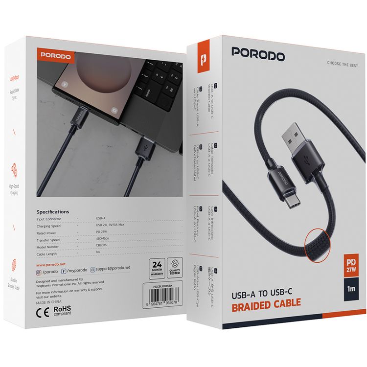 كابل مضفر Porodo USB-A إلى USB-C مع توصيل طاقة 27 واط، طول الكابل 1 متر، شحن سريع ونقل بيانات، تصميم خالي من التشابك، معدل نقل بيانات 480 ميجابت في الثانية - أسود