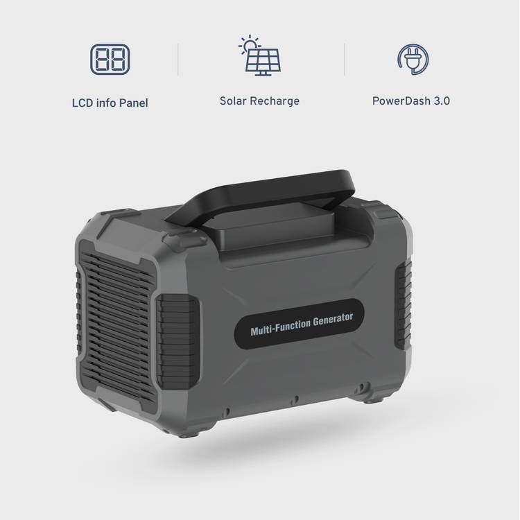 Powerology Portable Power Generator with LCD Information Panel, 140400mAh, 500W, QC 18W, PD 45W, Max Surge 750W, Overload and Overheating Safeguards, Solar Panel - Black