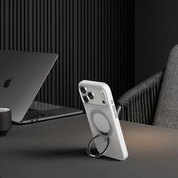 Levelo Iris Pro MagSafe Liquid Silicone Case with Built-in 360° Kickstand for iPhone 17 Pro, Metal Accents, Shock-Resistant Bumper, Aluminum Alloy Frame for Camera & Buttons, Drop-Tested, Strong Magnets, Premium Silicone Grip - Silver