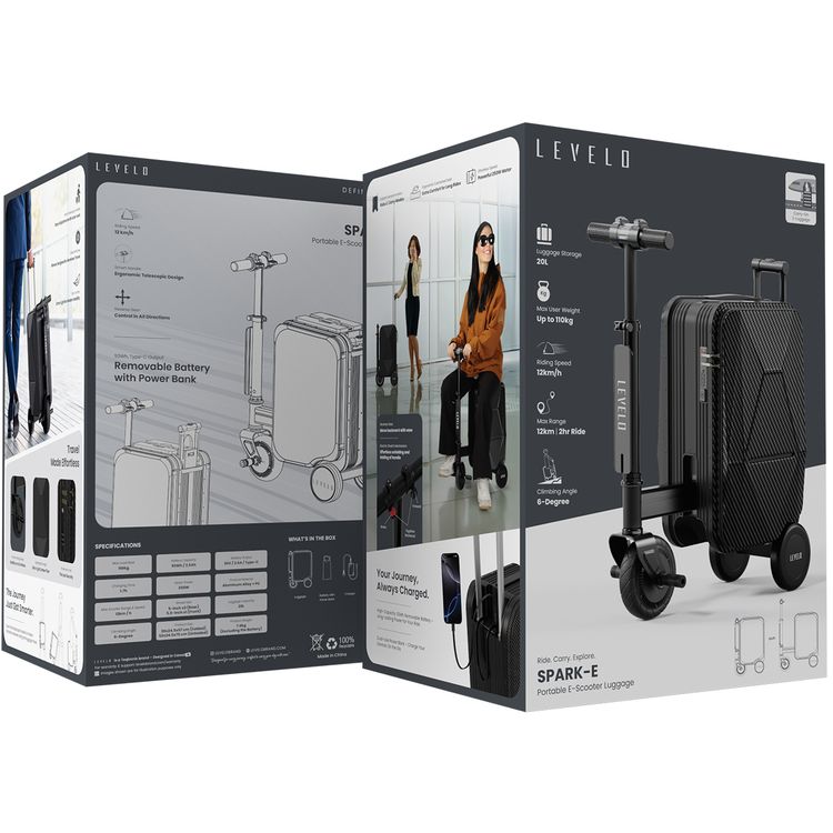 Levelo Spark-E Portable E-Scooter Luggage with Smooth-Rolling Wheels , Ultra-Light Carbon Fiber Construction, TSA Lock, Smart Telescopic Handle, Effortless Travel, Reverse gear, 250W Motor Power, 20L Luggage Capacity,  110kg Max User Weight - Black