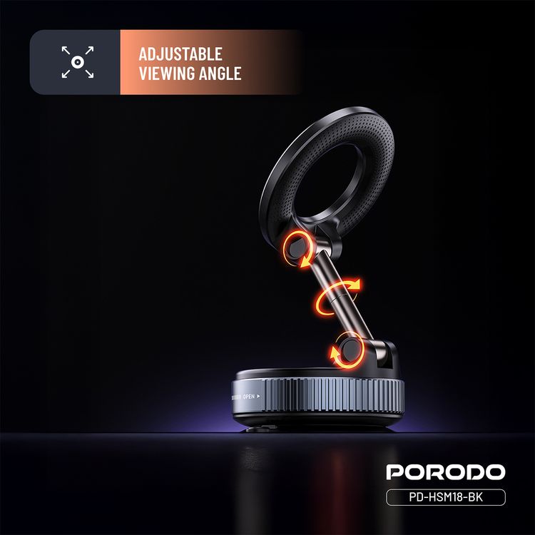 Porodo Vacuseal Rotate-Lock MagSafe Mount with N52 Magnets, Adjustable Viewing Angle, One-Hand Operation, Strong Suction, Horizontal & Vertical Modes - Black