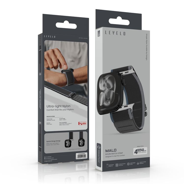 Levelo Malo Nylon Watch Strap with Unique Woven Structure, Sweat & Water Resistant, Lightweight Nylon, Adjustable Strap Fit, Quick Strap Setup, Adjustable G-Buckle Closure Type, 135mm – 210mm Fit Size Range, Compatible with Apple Watch 49mm / 46mm / 45mm / 44mm / 42mmm - Gray