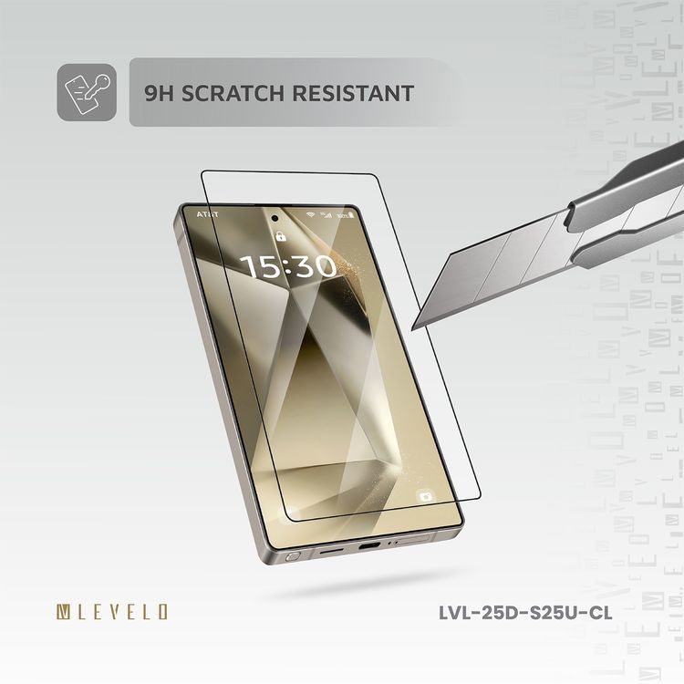 Levelo 2.5D Silk Print HD Clear Glass for Samsung Galaxy S25 Ultra, High Silicone Aluminum, 0.25mm Ultra Thin, Scratch-Resistant, Oleophobic & Hydrophobic Coating, Instant Fingerprint Unlock, Air Bubble Prevention, Explosion- Proof, Auto-Exhaust - Clear