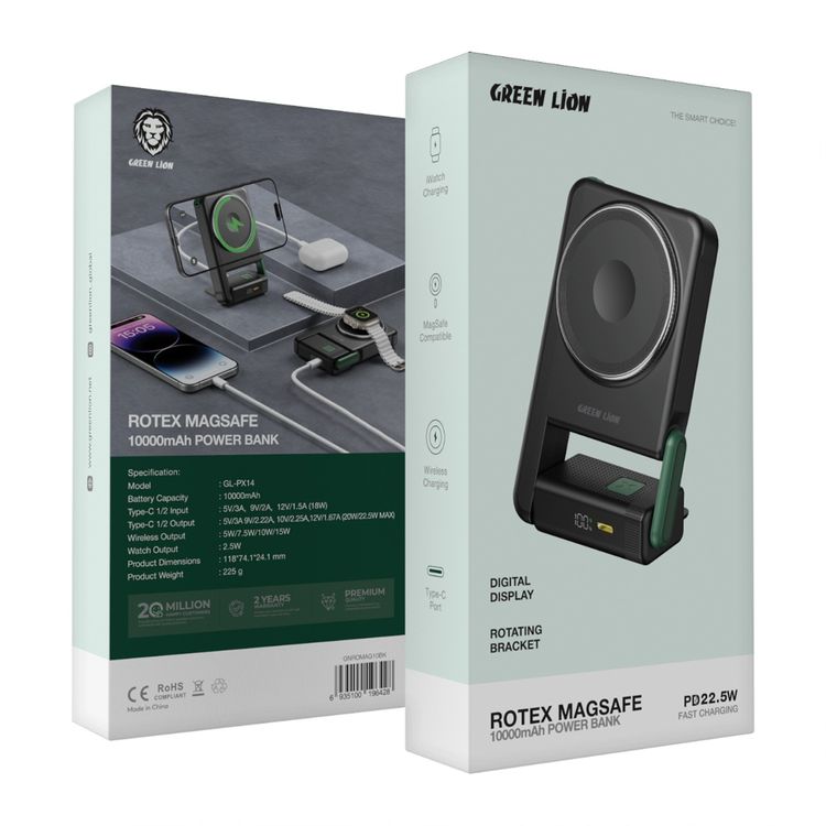 Green Lion Rotex MagSafe 10000mAh Power Bank, iWatch Charging, Rotating Bracket, Wireless Charging, Digital Display, Compact & Lightweight, PD 22.5W - Black