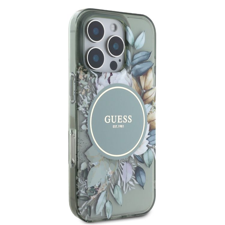Guess Magsafe IML Transparent Hard Case with Flower Design & Tonal Circle Logo for iPhone 16 Pro Max, Lightweight, High Quality Material - Green