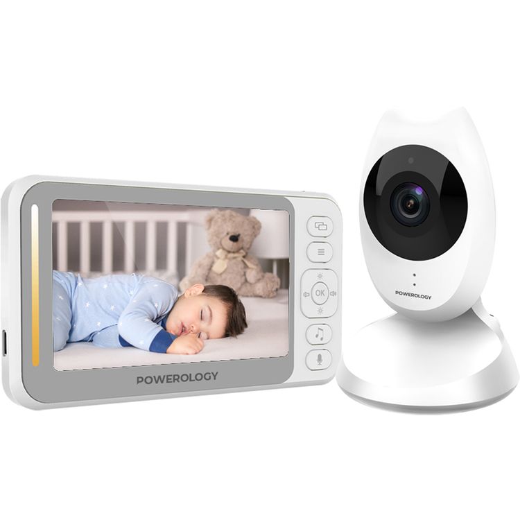 Powerology Smart Cam Baby Monitor with Two-Way Audio & Smart Sensors, 300m Monitor Range, 4.35" Screen Size, Milk Feeding Reminder, Preloaded Music - White