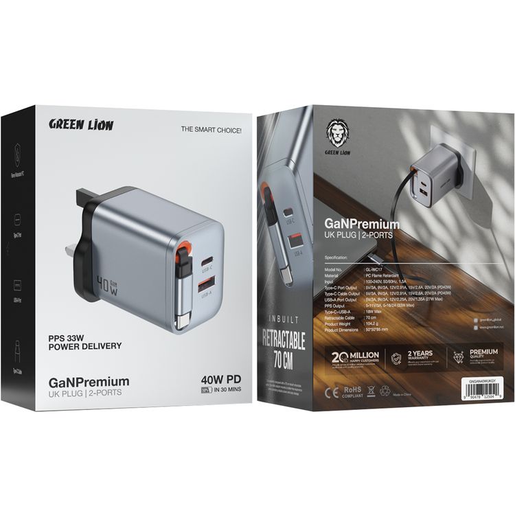 Green Lion GaNPremium UK Plug Wall Charger with 40W Power Delivery, Retractable Type-C Cable, 0%-50% Charge in 30 Minutes, PC Flame Retardant Material, USB-C & USB-A Ports - Gray