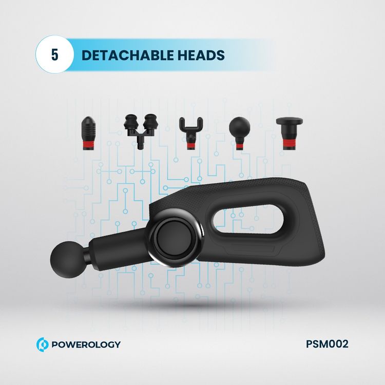 Powerology Fullbody Massage Gun with 5 Detachable Heads, 2000mAh Battery Capacity, 3.5 Hours Working Time, - Black
