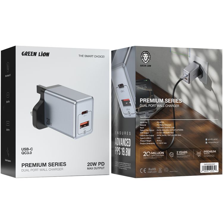 Green Lion Premium Dual Port Wall Charger with 20W Power Delivery, 0%-50% Charge in 30 Minutes, PC Flame Retardant Material, USB-C & USB-A Ports - Gray