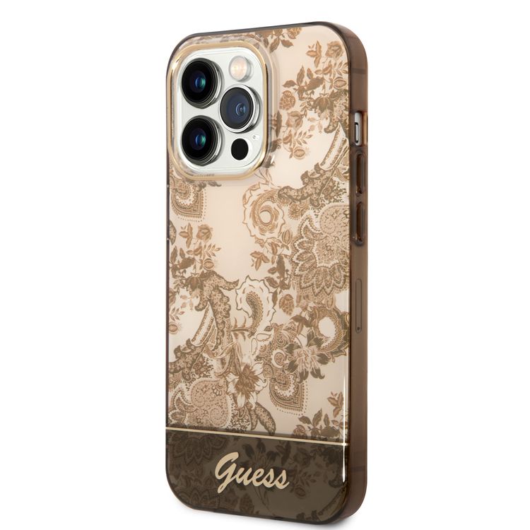Guess PC/TPU IML Case With Double Layer Electroplated Camera Outline & Toile De Jouy - iPhone 14 Pro - Ochre