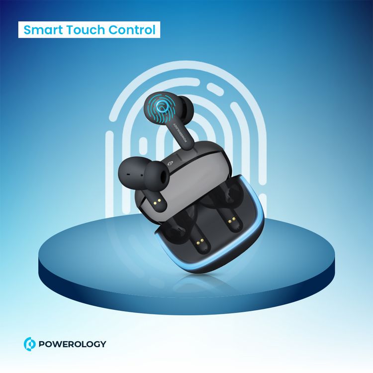 سماعات أذن لاسلكية Powerology Quad Mic ENC True، وقت تشغيل يصل إلى 6 ساعات، بلوتوث 5.3، شحن من النوع C، مسافة نقل 10 أمتار، أضواء RGB - أسود